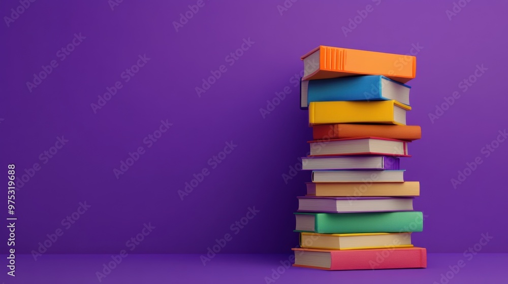 Stack of colorful books against purple background. Stack of colorful books against purple background.
