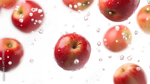 Apples in freefall with full depth of field on a white backdrop photo