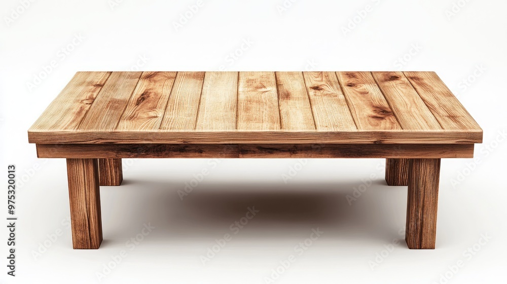 Rustic wooden table with a natural wood finish and four sturdy legs isolated on a white background. Rustic wooden table with a natural wood finish and four sturdy legs isolated on a white background.
