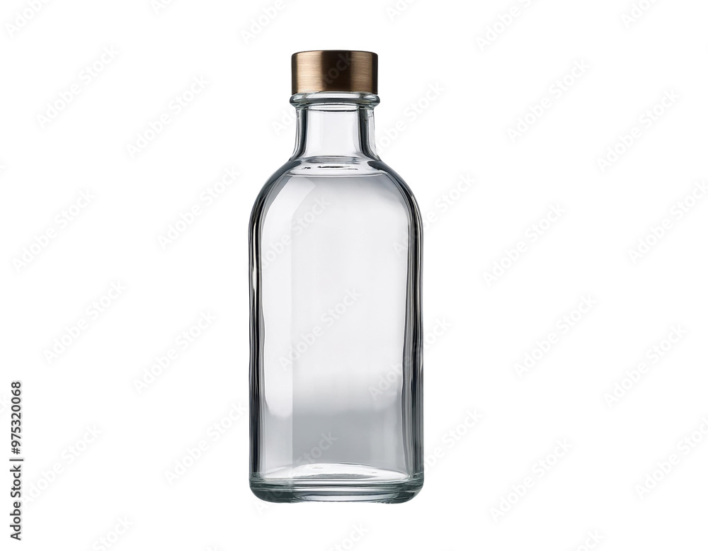 Clear glass bottle with a metallic cap, perfect for showcasing beverages or decorative purposes in modern design. Clear glass bottle with a metallic cap, perfect for showcasing beverages or decorative purposes in modern design.