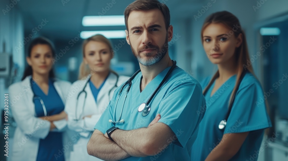 Confident medical team in scrubs and lab coat standing arms crossed in an operating room. Confident medical team in scrubs and lab coat standing arms crossed in an operating room.