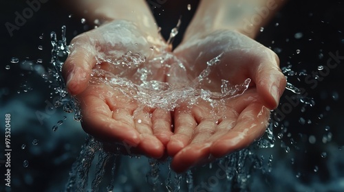 Close-up of hands cupping water with droplets splashing.