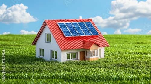 Wallpaper Mural Model house with solar panels in a field, symbolizing renewable energy and eco-friendly housing. Concept of sustainable living and clean energy. Torontodigital.ca