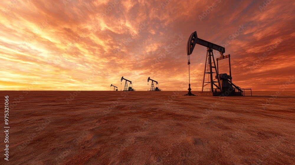 Naklejka premium Oil pump jacks extracting petroleum in barren desert during sunset. Concept of energy production, fossil fuel industry, and environmental impact