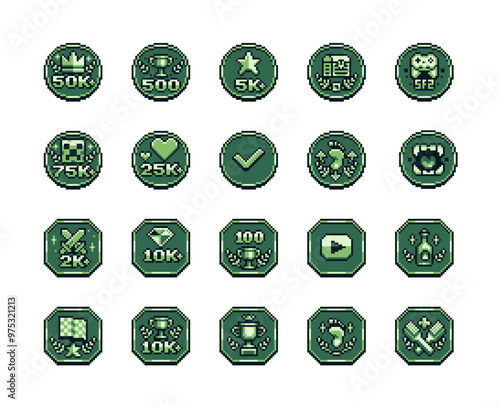 Achievement pixel art icon, goblet emblem, subscribers, likes, design for logo, web, mobile app. Game tournament. 8-bit. Game assets. Isolated abstract vector illustration.