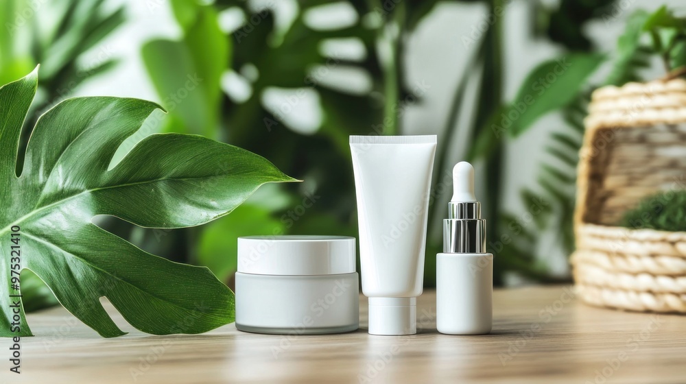 White Cosmetic Bottles and Jars on a Wooden Surface with Green Leaf. White Cosmetic Bottles and Jars on a Wooden Surface with Green Leaf.