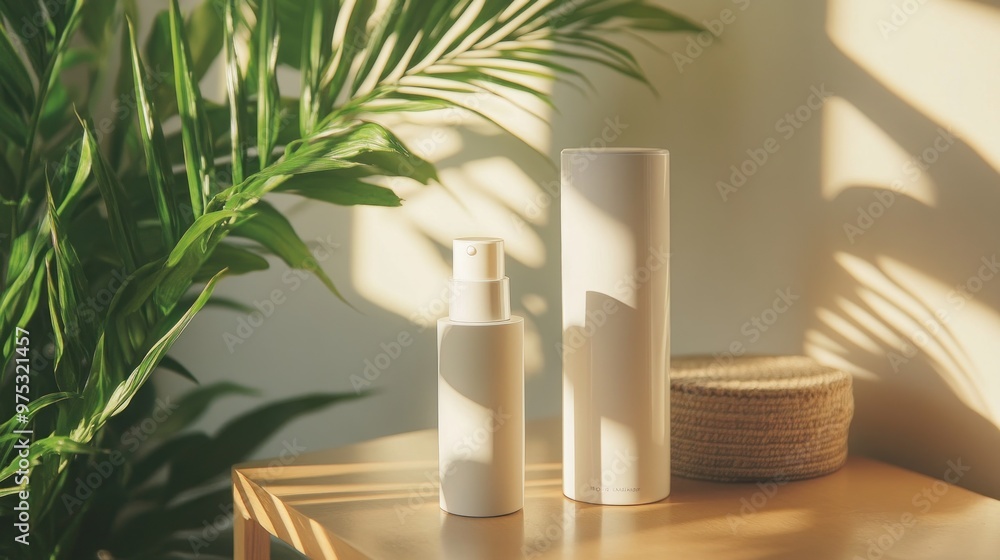 Two white bottles on a wooden table with natural light and palm leaves. Two white bottles on a wooden table with natural light and palm leaves.