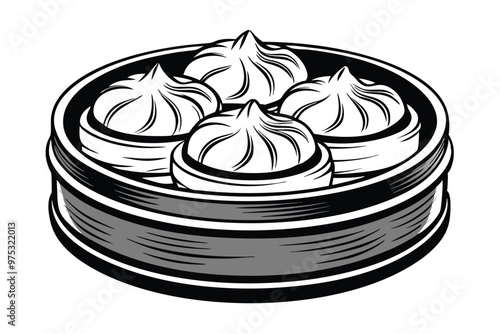 Dim sum in steamer basket illustration on white background.