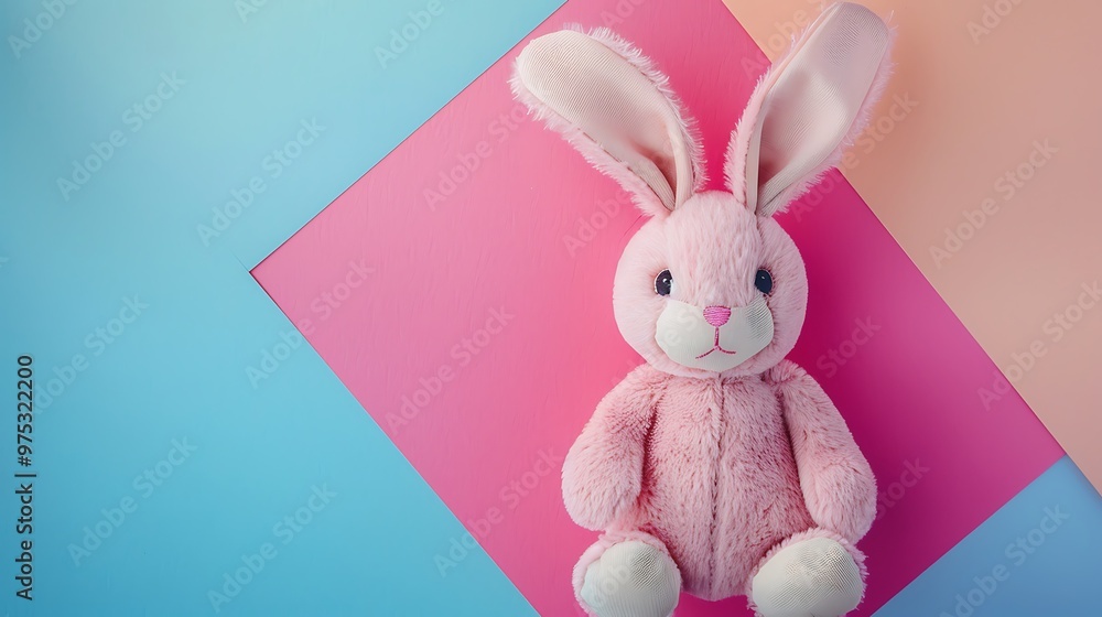 Pink rabbit doll with big ears isolated on colorful background Pink rabbit doll with big ears isolated on colorful background