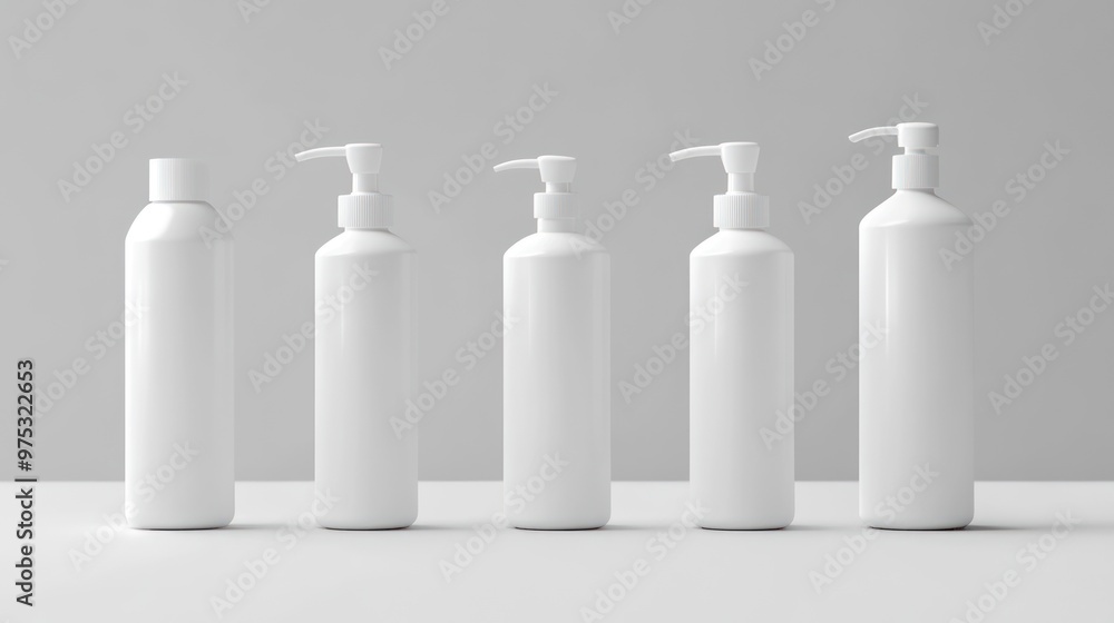 Four white pump bottles mockup on a white surface. Four white pump bottles mockup on a white surface.