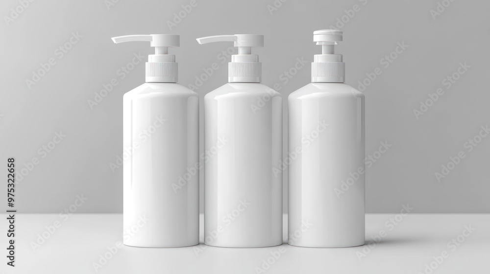 Three white pump bottles on a white surface.