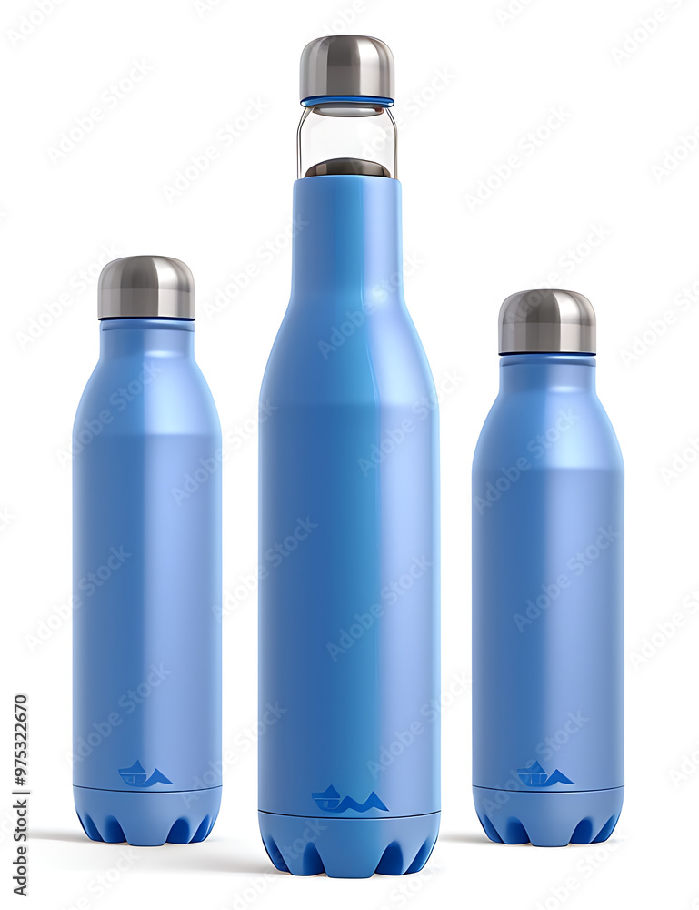 A sleek blue water bottle with a stainless steel cap, isolated on a white background, ideal for fitness and hydration-related designs or product branding. A sleek blue water bottle with a stainless steel cap, isolated on a white background, ideal for fitness and hydration-related designs or product branding.