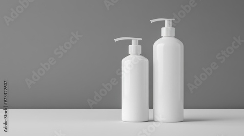 Two White Pump Bottles on a White Table Against a Gray Wall.