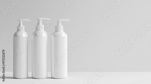 Three white pump bottles on a white surface with a white background.