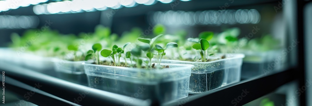Close up of young plants growing in a controlled environment under artificial lights. Close up of young plants growing in a controlled environment under artificial lights.