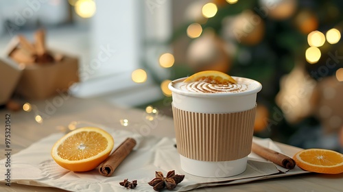 Plastic cup with hot drink on napkin with cinnamon and orange cantle near with garland on background