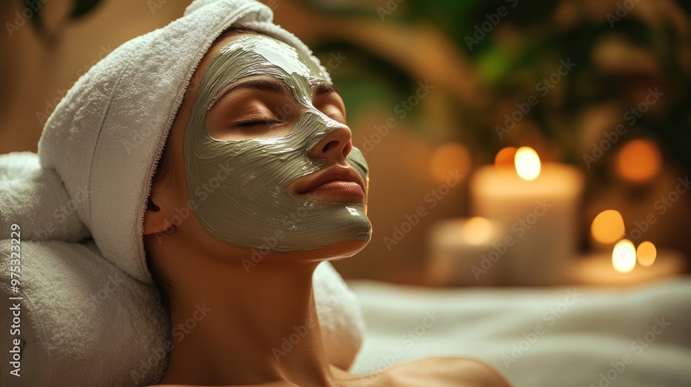 Woman relaxing with a green face mask, eyes closed, and candles in the background. Woman relaxing with a green face mask, eyes closed, and candles in the background.