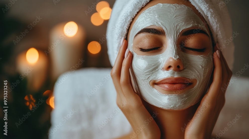 Woman with a white face mask, eyes closed, and hands on her cheeks. Woman with a white face mask, eyes closed, and hands on her cheeks.