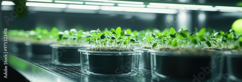 Closeup of young green plants growing in a hydroponic system under artificial lighting.