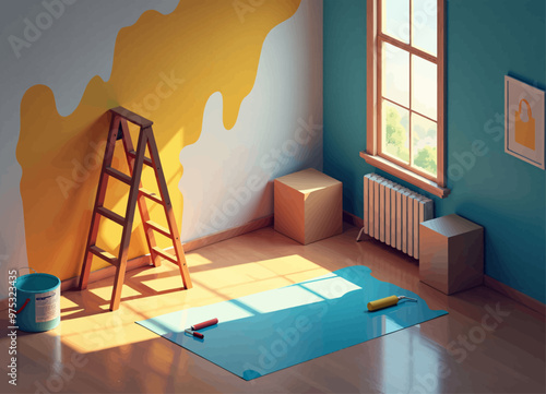 Room with ladder, paint roller and blue paint on floor.