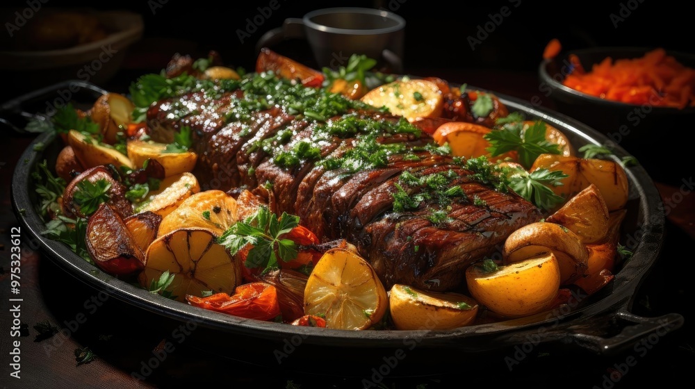 Sizzling roasted meat with a medley of freshly cooked root vegetables and herbs, Sizzling roasted meat with a medley of freshly cooked root vegetables and herbs,