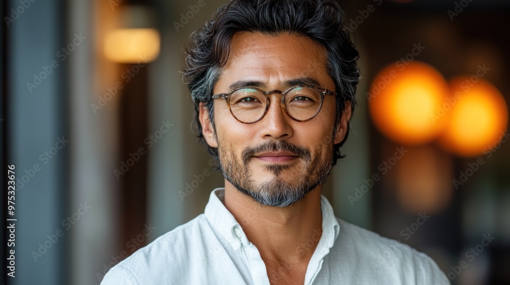 Portrait of handsome and confident middle-aged Asian business man isolated on office background. bokeh effect. with generative AI Portrait of handsome and confident middle-aged Asian business man isolated on office background. bokeh effect. with generative AI