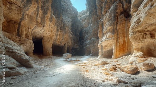 A serene canyon with towering rock formations and soft light.