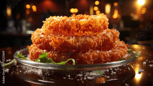 A stack of golden crispy fried potato cakes on a glass plate, photo