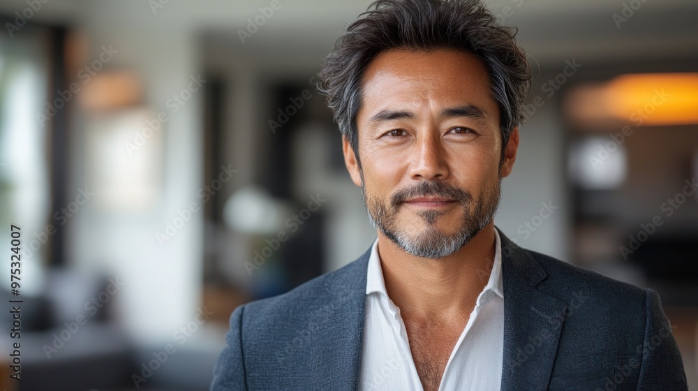 Portrait of handsome and confident middle-aged Asian business man isolated on office background. bokeh effect. with generative AI Portrait of handsome and confident middle-aged Asian business man isolated on office background. bokeh effect. with generative AI