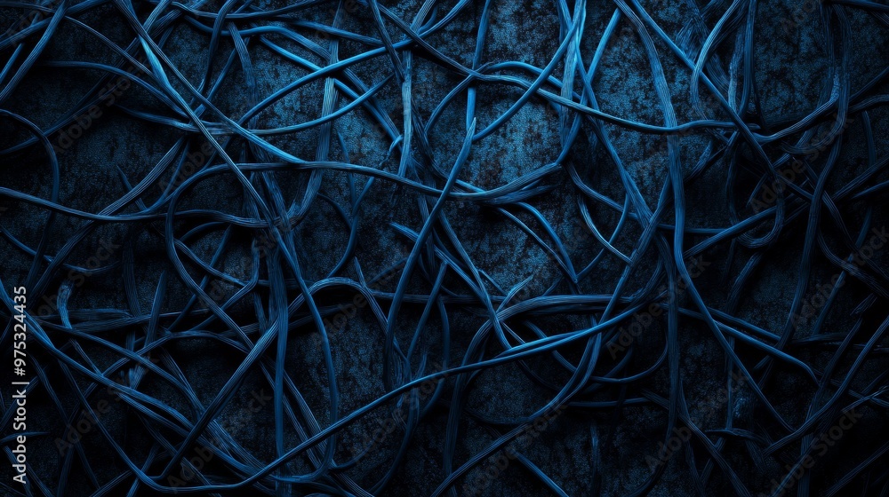 Tangled blue abstract cables background. A tangle of blue cables and wires creates an abstract pattern against a dark backdrop