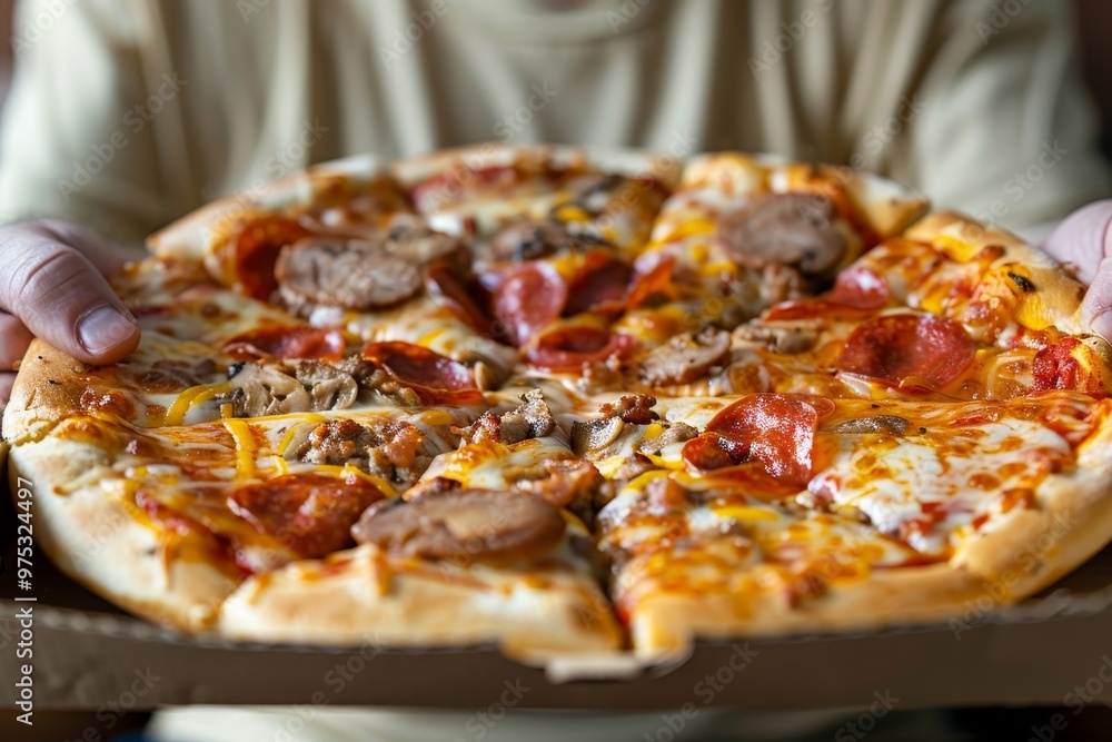 Hands Holding Delicious Pizza with Pepperoni, Sausage and Cheese, Food Delivery Concept Hands Holding Delicious Pizza with Pepperoni, Sausage and Cheese, Food Delivery Concept