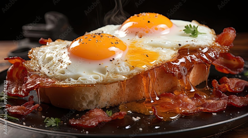 A plate with crispy bacon, fried eggs, and toast A plate with crispy bacon, fried eggs, and toast