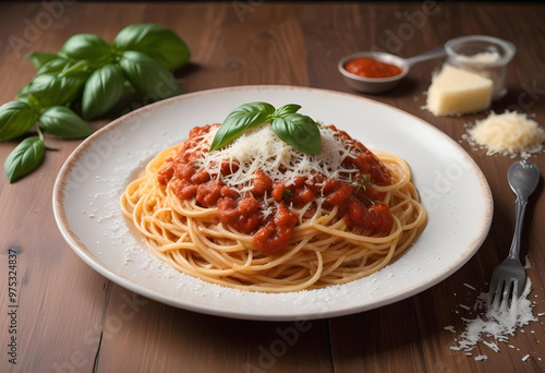 a plate of spaghetti with tomato sauce photo