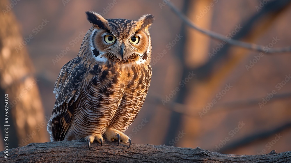 Great Horned Owl Perched on a Branch. Great Horned Owl Perched on a Branch.