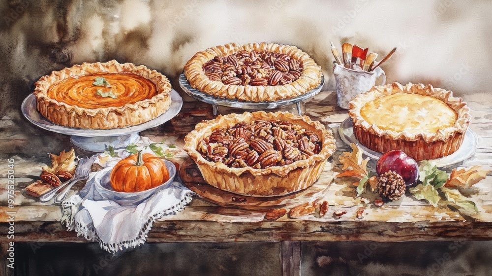 Fototapeta premium ## Watercolor Thanksgiving Pies: Pumpkin & Pecan on a Rustic Table