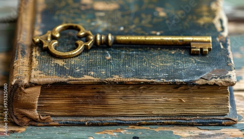 A lone, antique gold key lying on a faded, leatherbound book