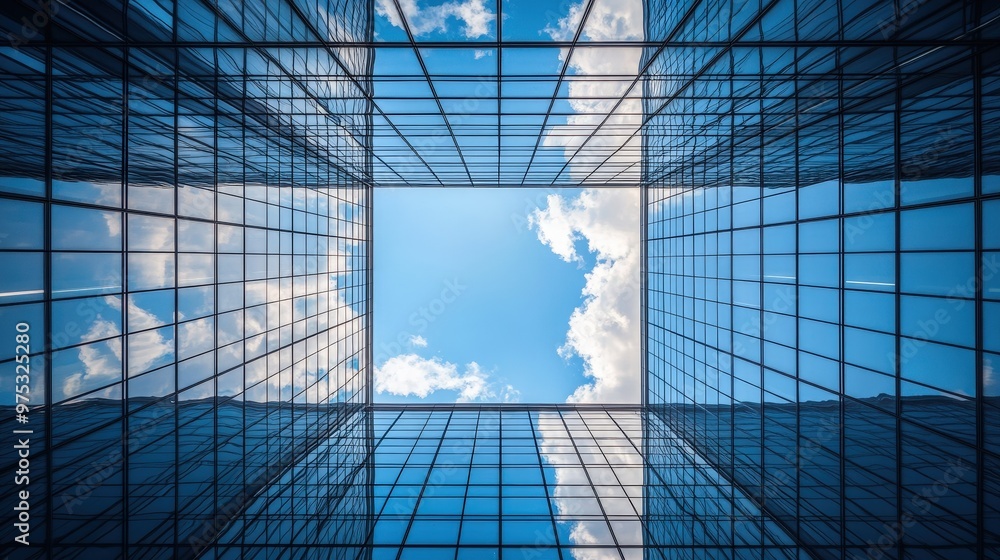 Obraz premium Sky Reflected in Glass Facade of Modern Building.