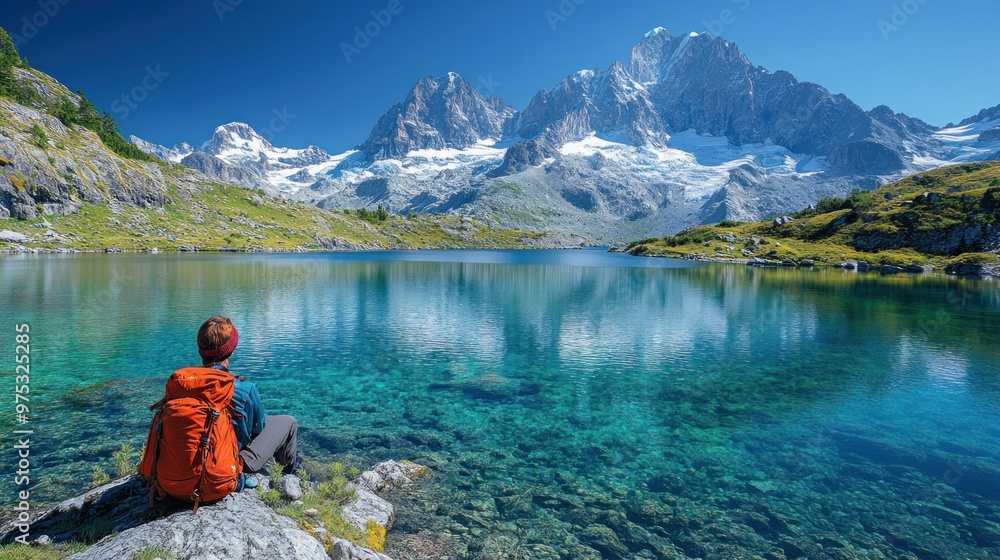 A hiker gazes at a serene mountain lake and majestic peaks. A hiker gazes at a serene mountain lake and majestic peaks.