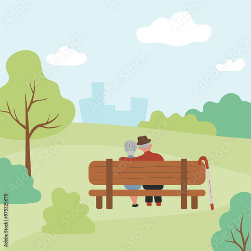 Senior couple sitting on bench in a city park