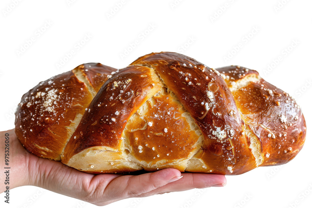 Freshly baked challah bread held in a hand, showcasing its glossy crust and soft texture. Ideal for culinary and bakery themes. Freshly baked challah bread held in a hand, showcasing its glossy crust and soft texture. Ideal for culinary and bakery themes.