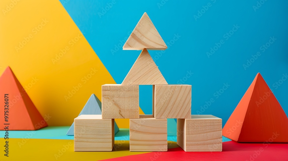 Pyramid and cubes of wood are painted isolated on colorful background Pyramid and cubes of wood are painted isolated on colorful background