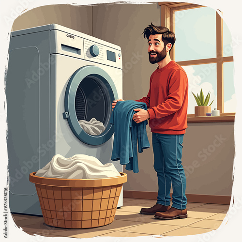 Man Folding Laundry in a Bathroom.