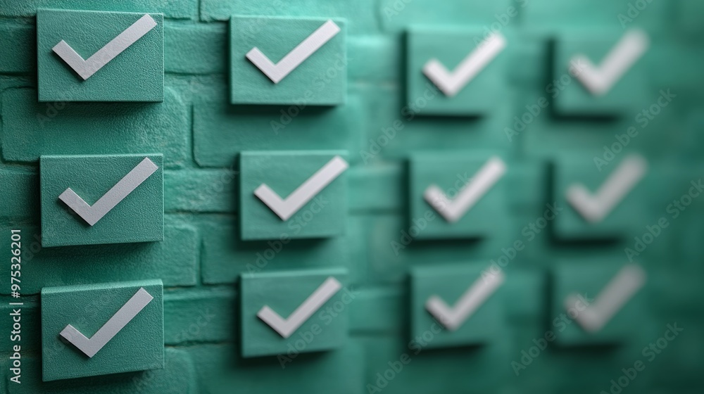 Green wall with white check marks in a grid layout Green wall with white check marks in a grid layout