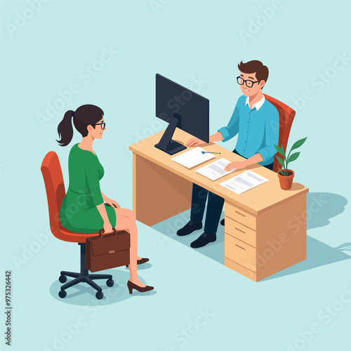 Job Interview at Desk with Documents  
