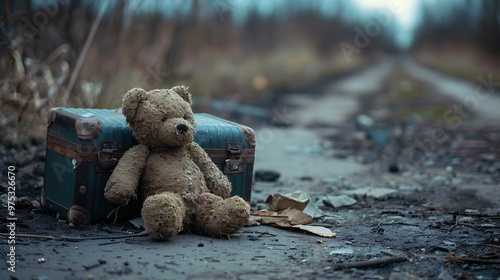 ragged teddy bear by a suitcase at the side of a dirty road