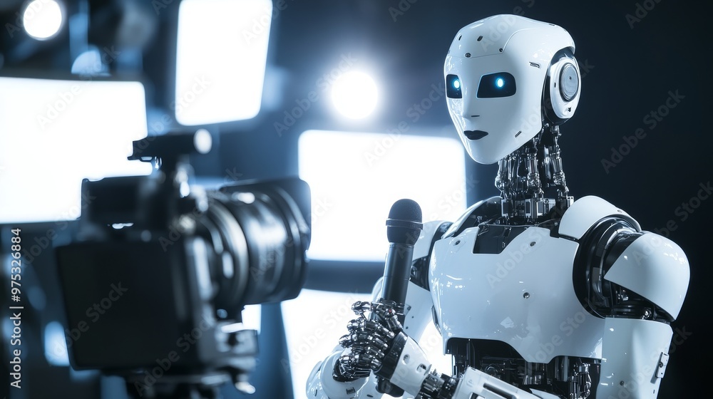 Futuristic Robot Journalist Reporting Live on Camera in Studio with Bright Lighting Futuristic Robot Journalist Reporting Live on Camera in Studio with Bright Lighting