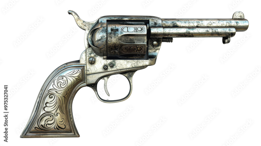 An old silver revolver on transparent background An old silver revolver on transparent background