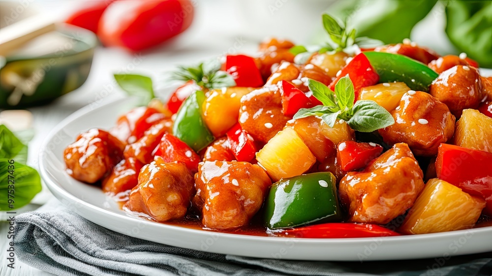 Colorful sweet and sour chicken dish with vegetables. Colorful sweet and sour chicken dish with vegetables.