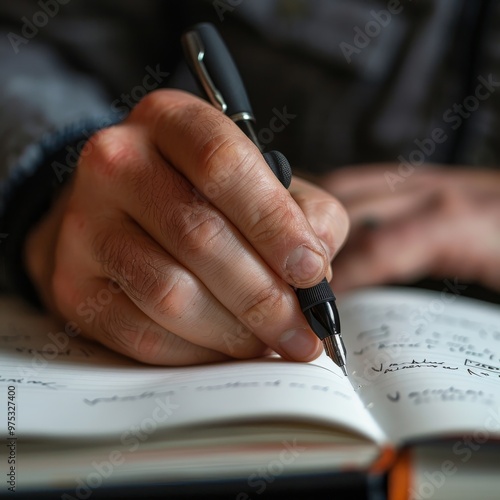 Focused writer jots down important notes in an open notebook with a pen during a quiet afternoon session photo