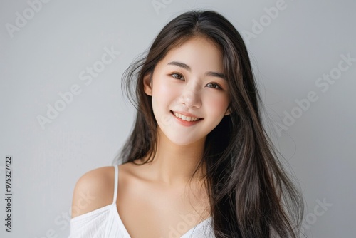 A woman with long hair is smiling and has her hair blowing in the wind